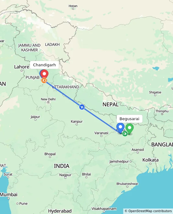 Route map showing distance and travel time from Begusarai, India to Chandigarh, India