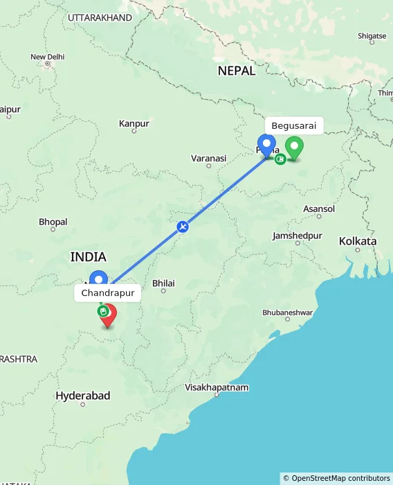 Route map showing distance and travel time from Begusarai, India to Chandrapur, India