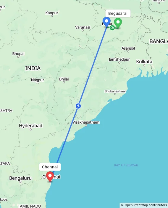 Route map showing distance and travel time from Begusarai, India to Chennai, India