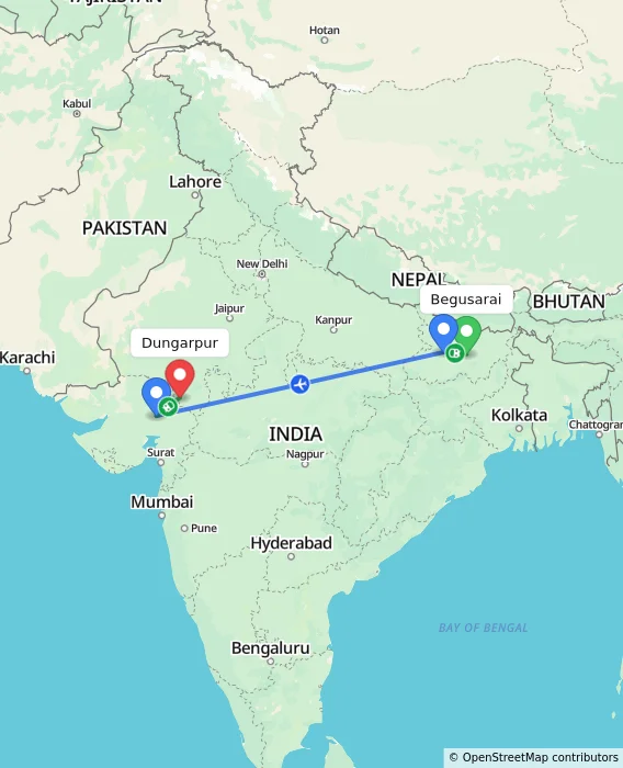 Route map showing distance and travel time from Begusarai, India to Dungarpur, India