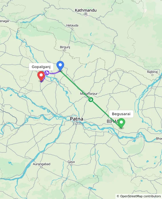 Route map showing distance and travel time from Begusarai, India to Gopalganj, India