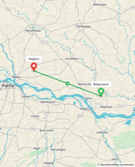 Route map showing distance and travel time from Begusarai, India to Hajipur, India