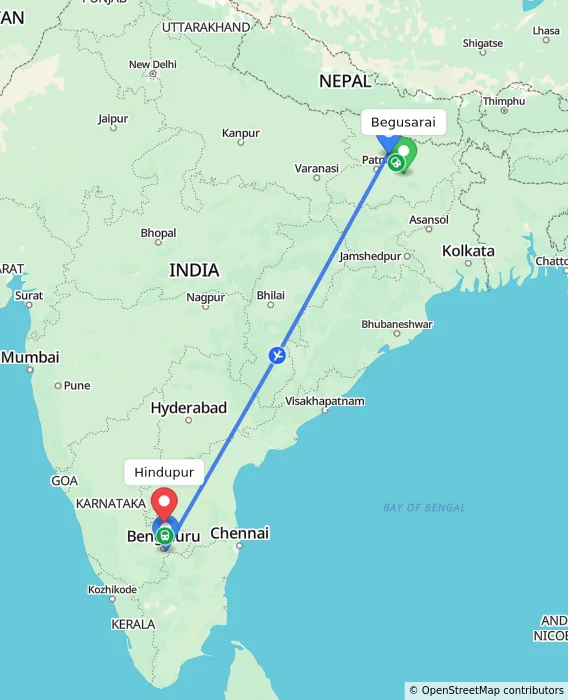 Route map showing distance and travel time from Begusarai, India to Hindupur, India