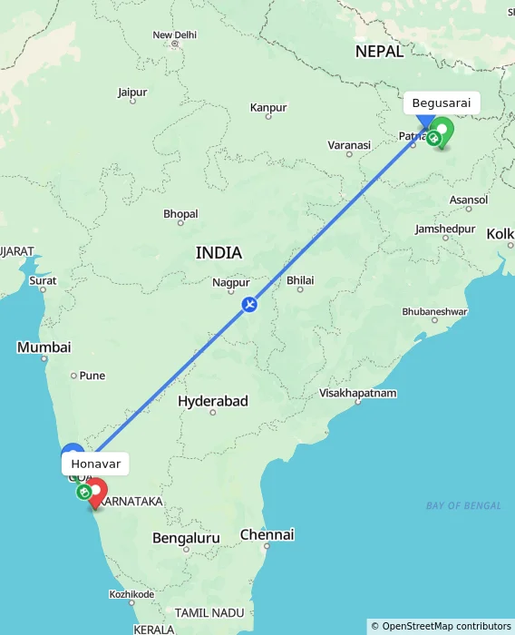Route map showing distance and travel time from Begusarai, India to Honavar, India