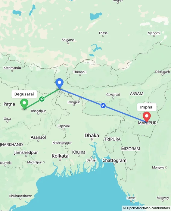 Route map showing distance and travel time from Begusarai, India to Imphal, India