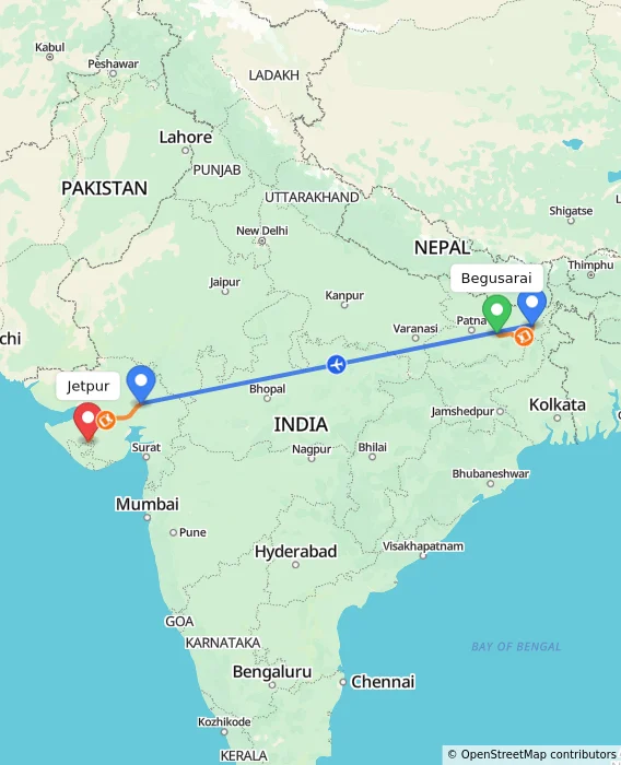 Route map showing distance and travel time from Begusarai, India to Jetpur, India