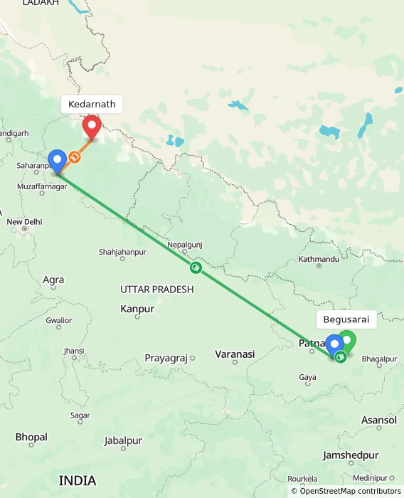 Route map showing distance and travel time from Begusarai, India to Kedarnath, India