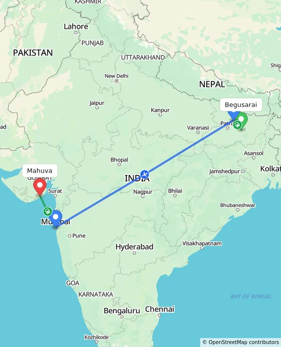 Route map showing distance and travel time from Begusarai, India to Mahuva, India