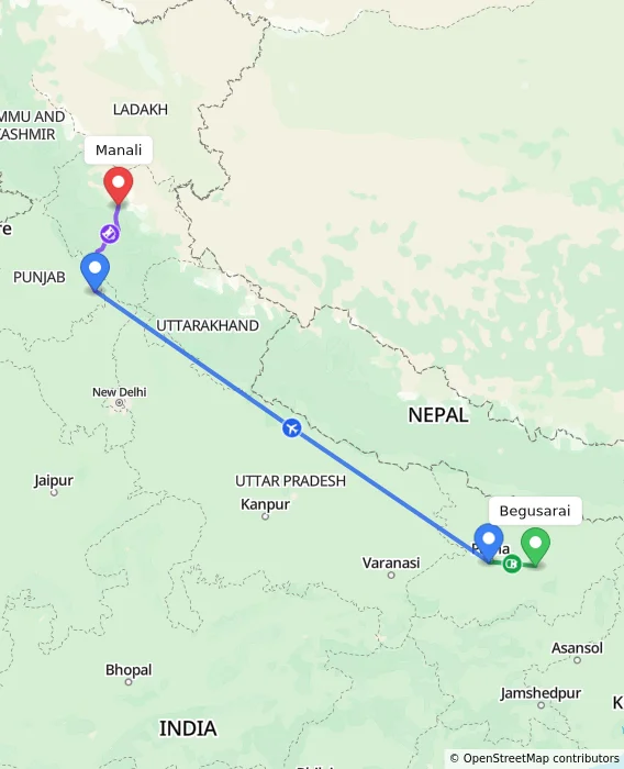 Route map showing distance and travel time from Begusarai, India to Manali, India