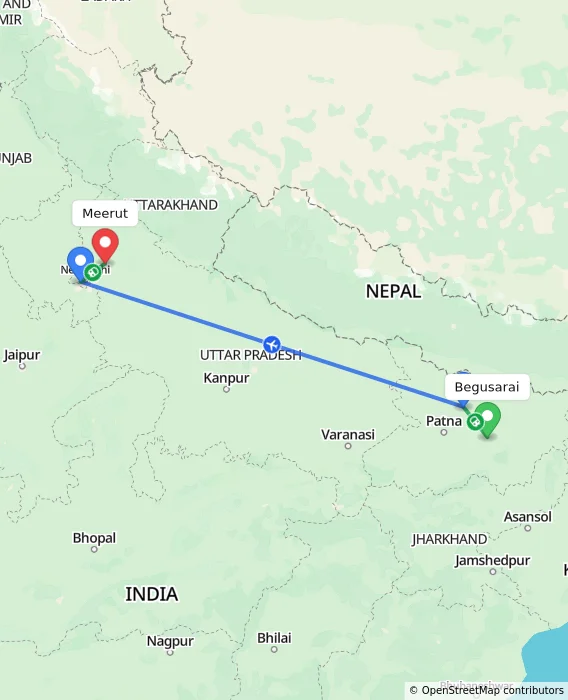 Route map showing distance and travel time from Begusarai, India to Meerut, India