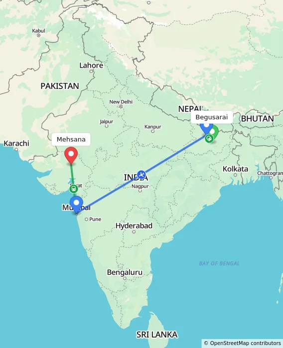 Route map showing distance and travel time from Begusarai, India to Mehsana, India