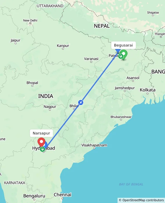 Route map showing distance and travel time from Begusarai, India to Narsapur, India