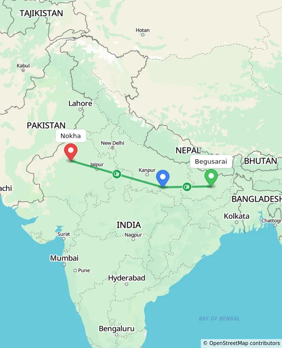 Route map showing distance and travel time from Begusarai, India to Nokha, India