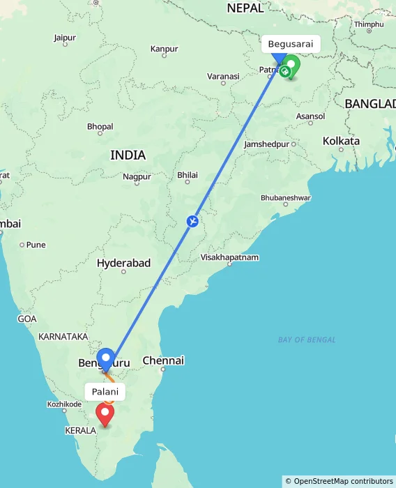Route map showing distance and travel time from Begusarai, India to Palani, India
