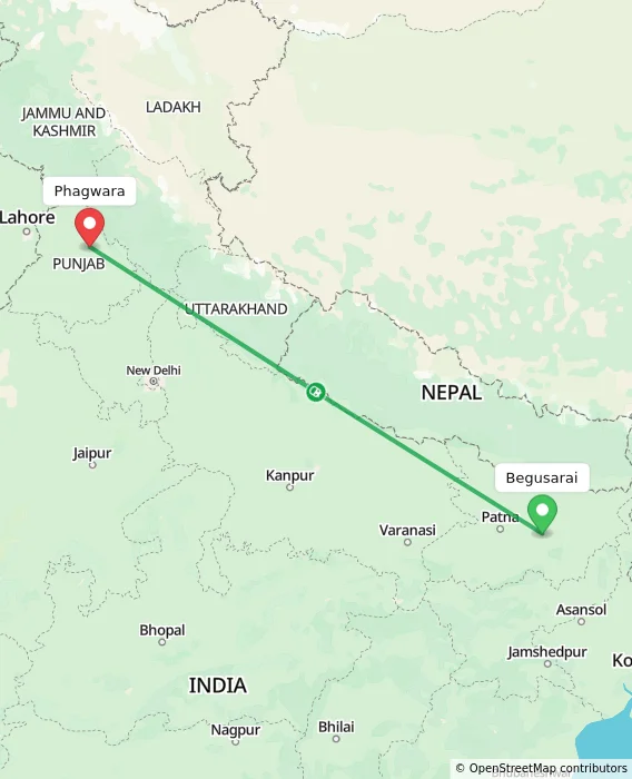 Route map showing distance and travel time from Begusarai, India to Phagwara, India