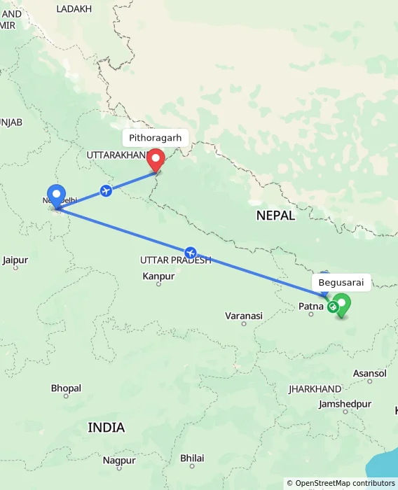 Route map showing distance and travel time from Begusarai, India to Pithoragarh, India
