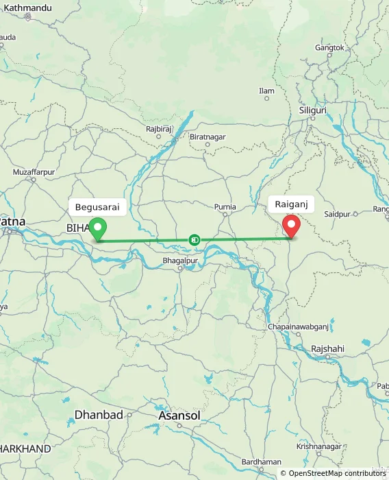 Route map showing distance and travel time from Begusarai, India to Raiganj, India
