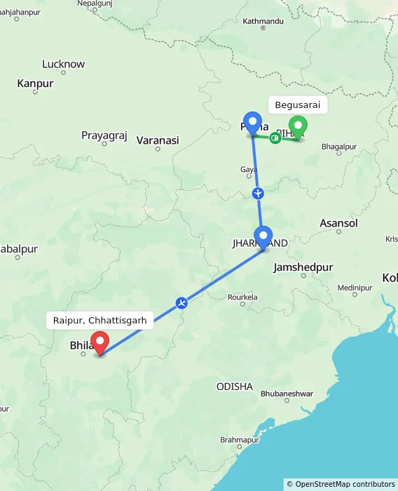 Route map showing distance and travel time from Begusarai, India to Raipur, Chhattisgarh, India