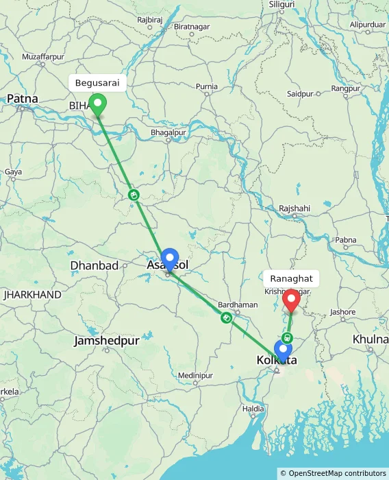 Route map showing distance and travel time from Begusarai, India to Ranaghat, India