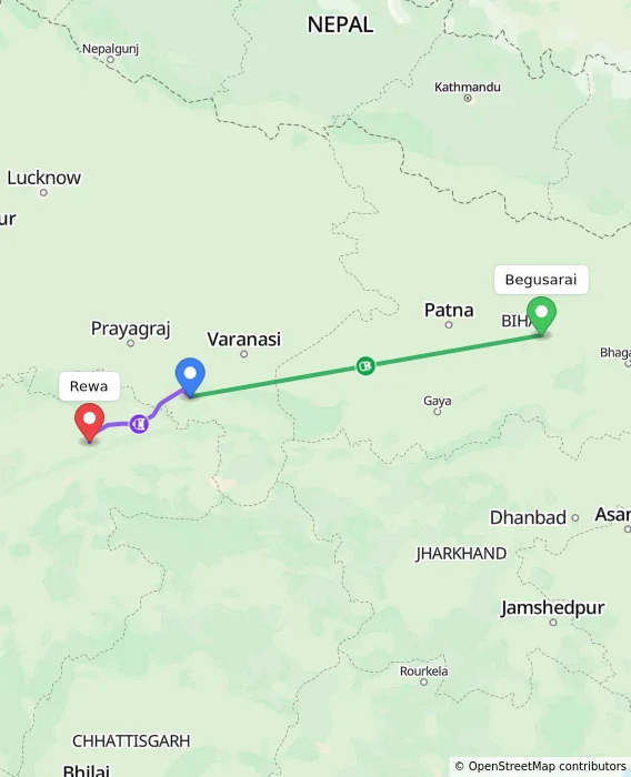 Route map showing distance and travel time from Begusarai, India to Rewa, India