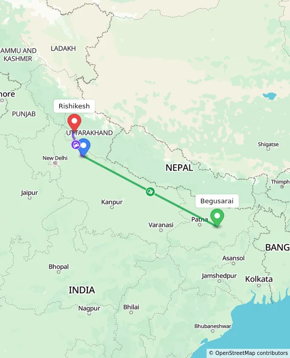 Route map showing distance and travel time from Begusarai, India to Rishikesh, India