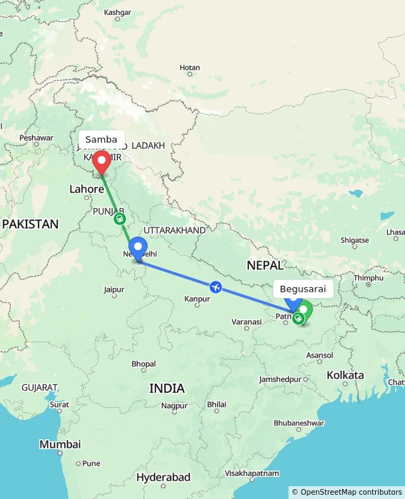 Route map showing distance and travel time from Begusarai, India to Samba, India