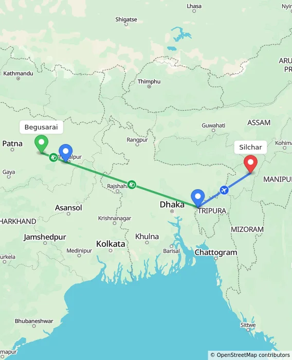 Route map showing distance and travel time from Begusarai, India to Silchar, India