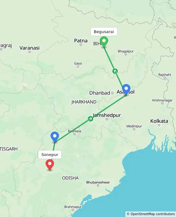 Route map showing distance and travel time from Begusarai, India to Sonepur, India