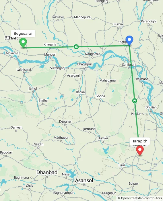 Route map showing distance and travel time from Begusarai, India to Tarapith, India