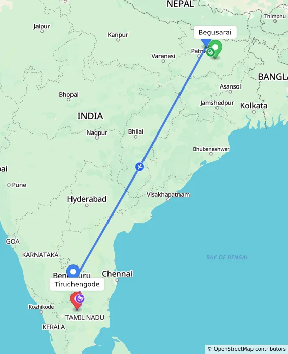 Route map showing distance and travel time from Begusarai, India to Tiruchengode, India