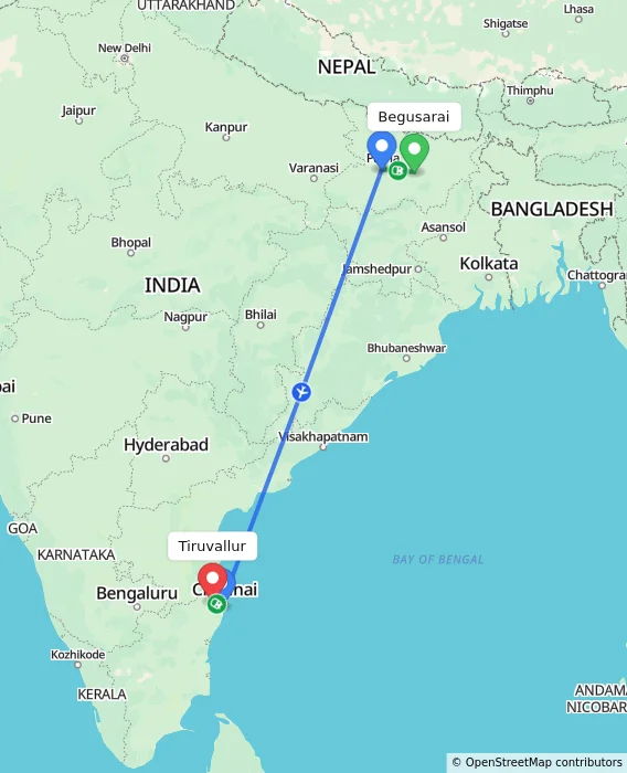 Route map showing distance and travel time from Begusarai, India to Tiruvallur, India