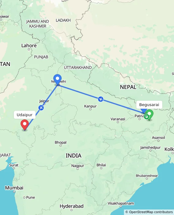 Route map showing distance and travel time from Begusarai, India to Udaipur, India