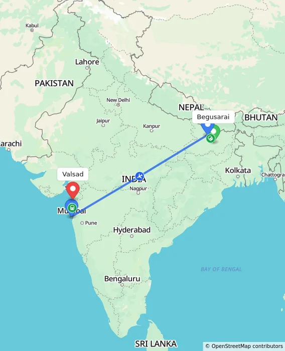 Route map showing distance and travel time from Begusarai, India to Valsad, India