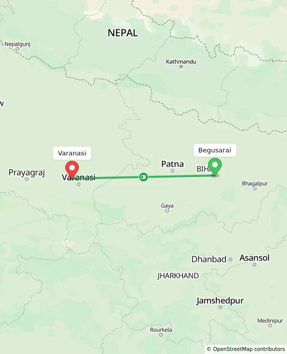 Route map showing distance and travel time from Begusarai, India to Varanasi, India