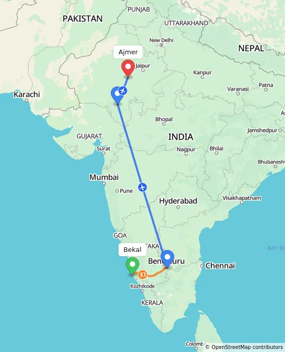 Route map showing distance and travel time from Bekal, India to Ajmer, India
