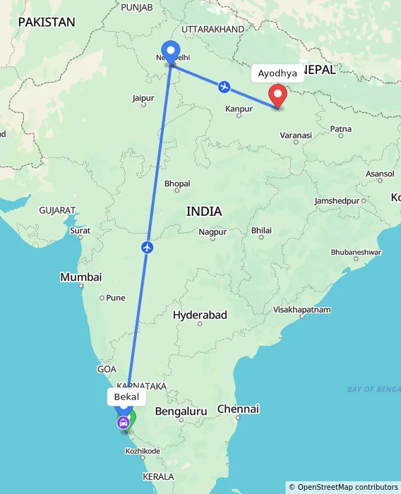 Route map showing distance and travel time from Bekal, India to Ayodhya, India