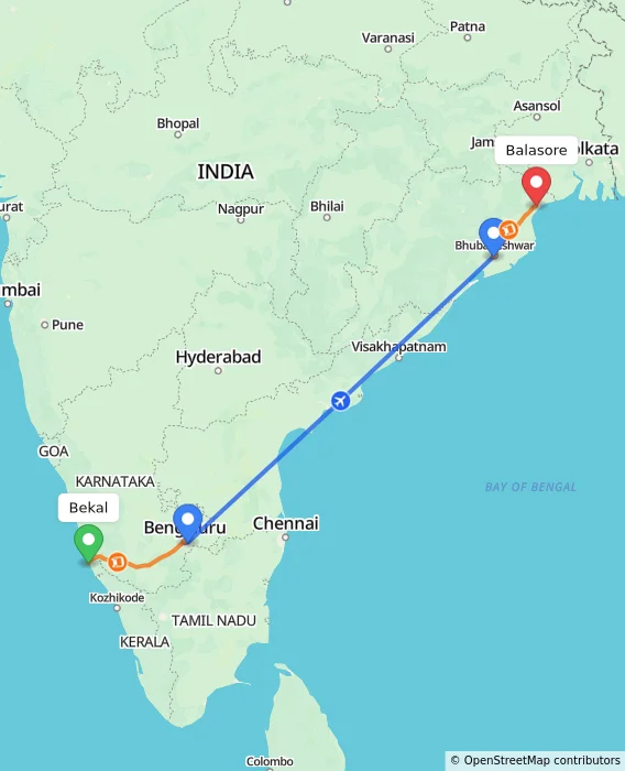 Route map showing distance and travel time from Bekal, India to Balasore, India