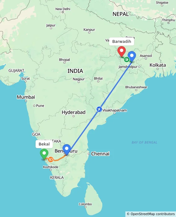 Route map showing distance and travel time from Bekal, India to Barwadih, India