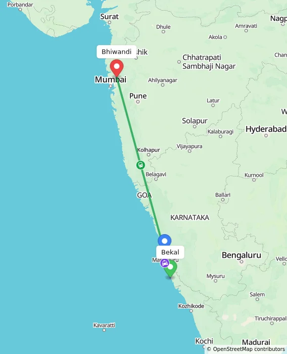 Route map showing distance and travel time from Bekal, India to Bhiwandi, India