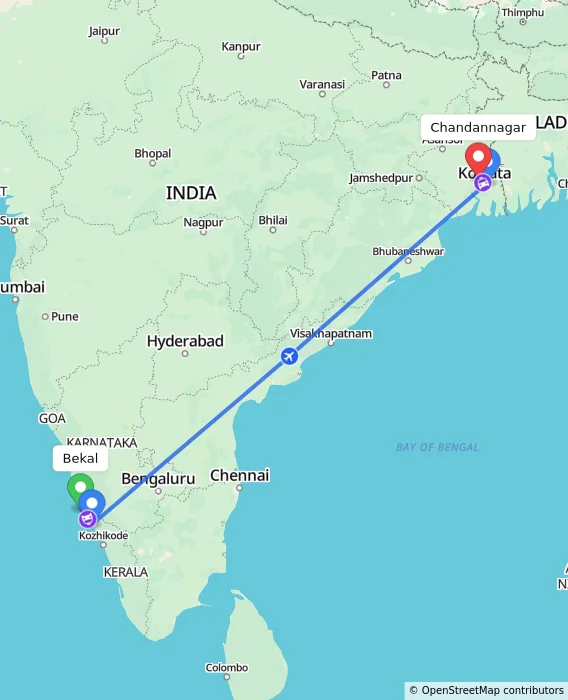 Route map showing distance and travel time from Bekal, India to Chandannagar, India