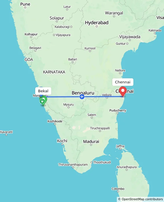 Route map showing distance and travel time from Bekal, India to Chennai, India