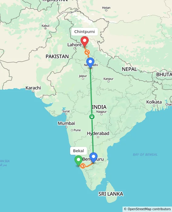 Route map showing distance and travel time from Bekal, India to Chintpurni, India