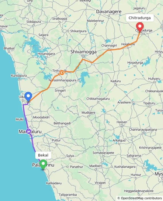 Route map showing distance and travel time from Bekal, India to Chitradurga, India