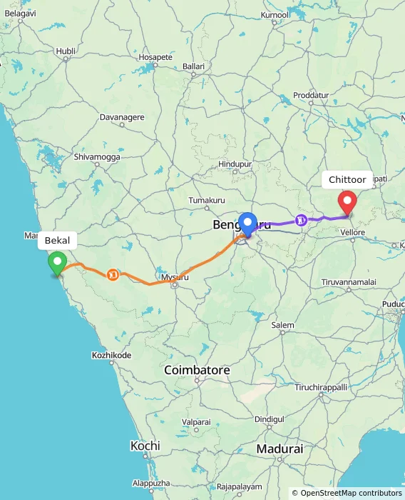 Route map showing distance and travel time from Bekal, India to Chittoor, India