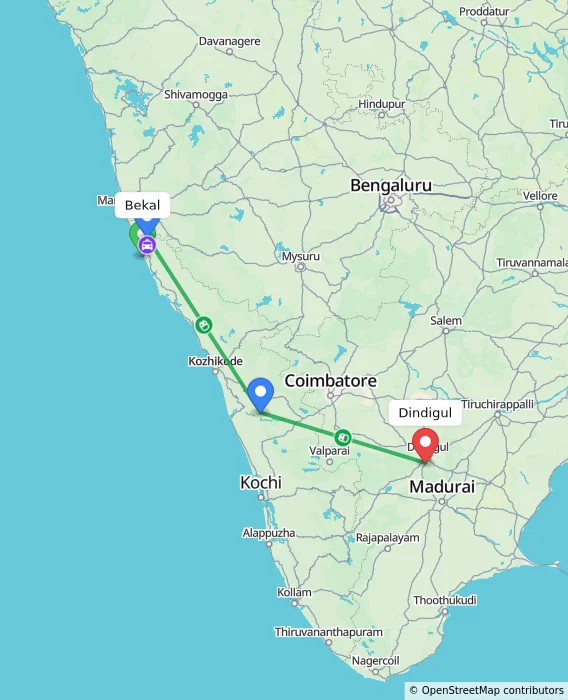 Route map showing distance and travel time from Bekal, India to Dindigul, India