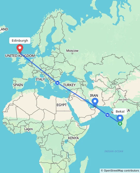 Route map showing distance and travel time from Bekal, India to Edinburgh, United Kingdom