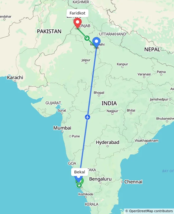 Route map showing distance and travel time from Bekal, India to Faridkot, India