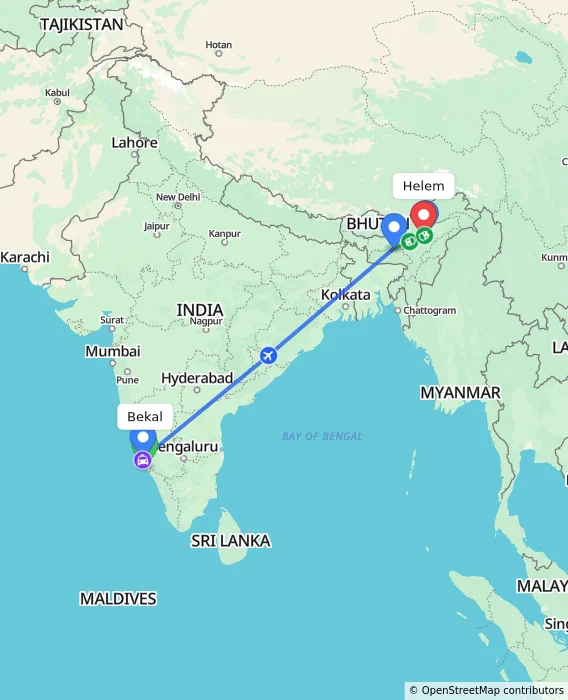 Route map showing distance and travel time from Bekal, India to Helem, India