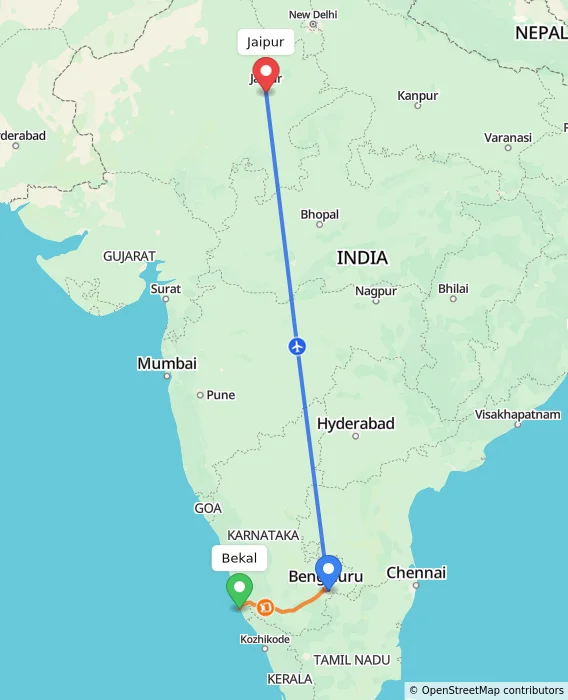 Route map showing distance and travel time from Bekal, India to Jaipur, India