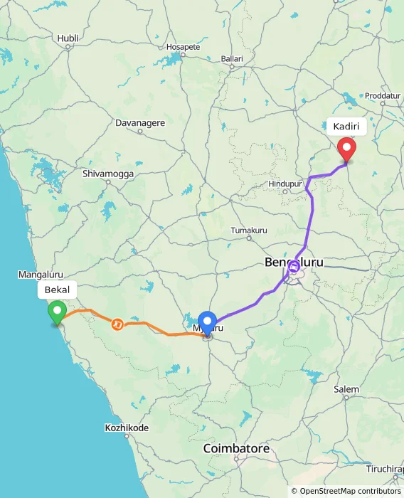 Route map showing distance and travel time from Bekal, India to Kadiri, India